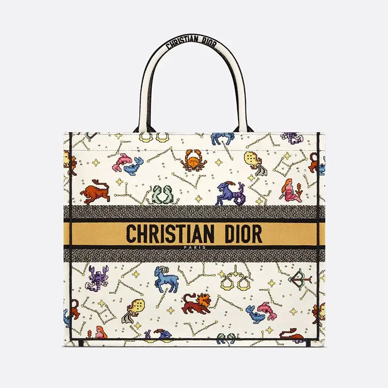 Dior Book Tote Pixel Zodiac Motif Canvas White