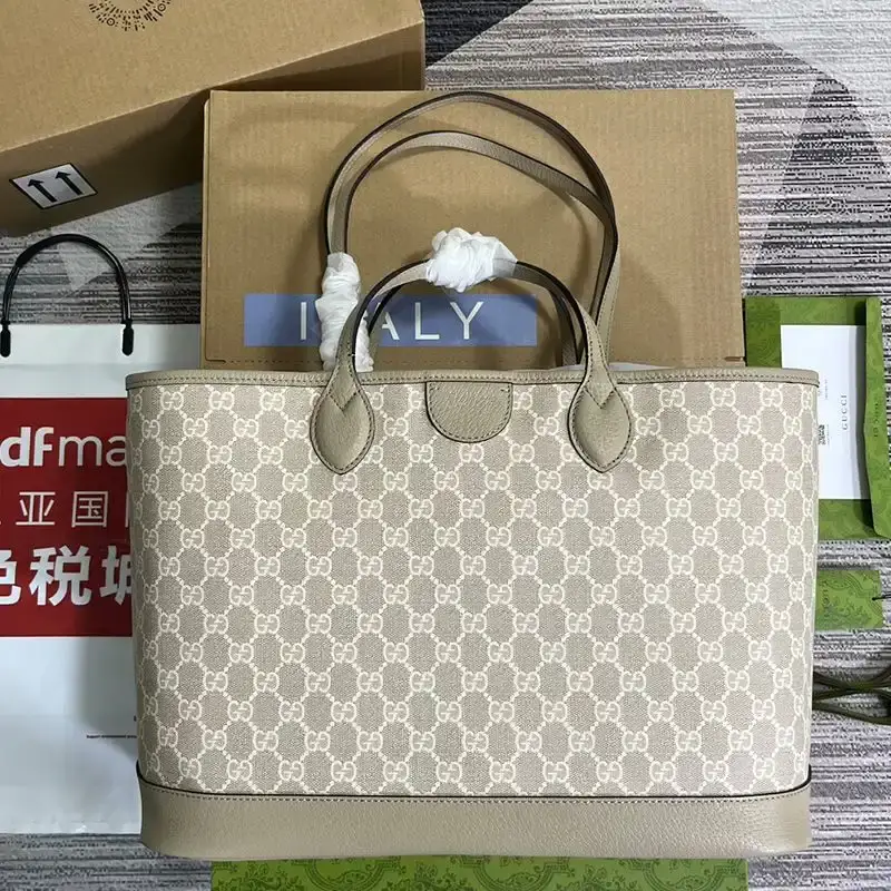 Gucci Medium Ophidia Tote In GG Supreme Canvas 739730 Khaki/White