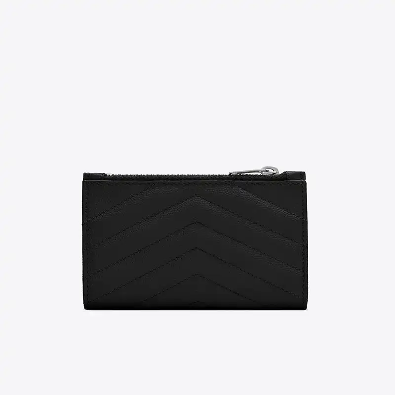 Saint Laurent Fragments Zipped Bifold Wallet In Grained Matelasse Leather Black/Silver