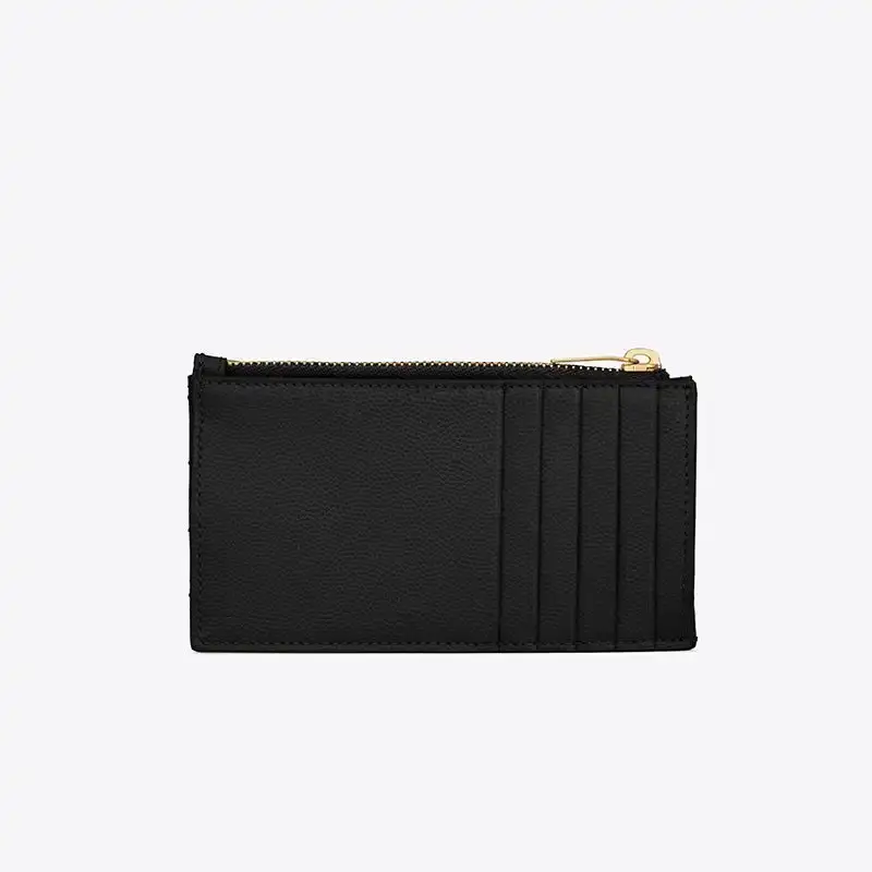 Saint Laurent Fragments Zipped Card Case In Grained Matelasse Leather Black/Gold