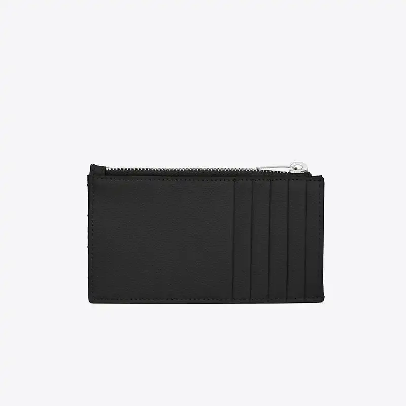 Saint Laurent Fragments Zipped Card Case In Grained Matelasse Leather Black/Silver