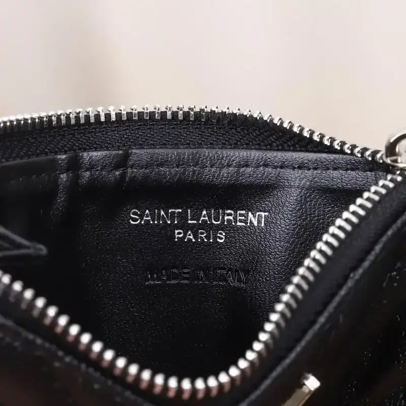 Saint Laurent Fragments Zipped Card Case In Grained Matelasse Leather Black/Silver