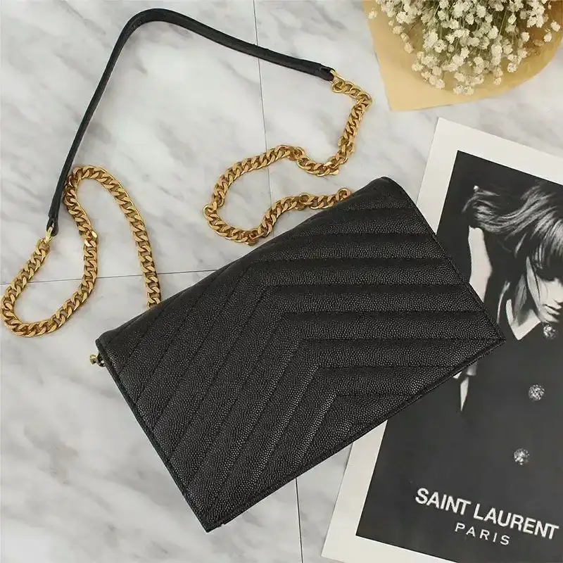 Saint Laurent Large Envelope Chain Wallet In Textured Matelasse Leather Black/Gold