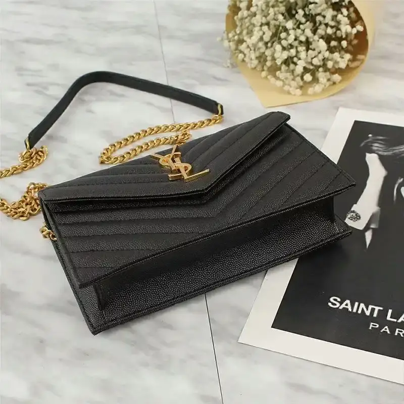 Saint Laurent Large Envelope Chain Wallet In Textured Matelasse Leather Black/Gold