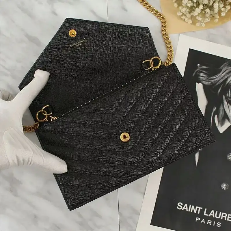 Saint Laurent Large Envelope Chain Wallet In Textured Matelasse Leather Black/Gold