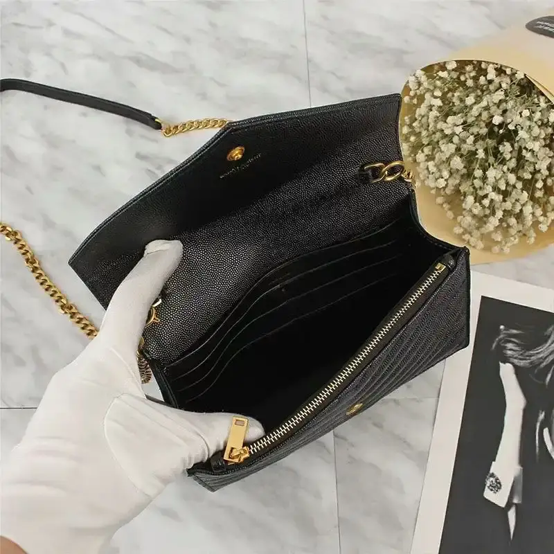 Saint Laurent Large Envelope Chain Wallet In Textured Matelasse Leather Black/Gold