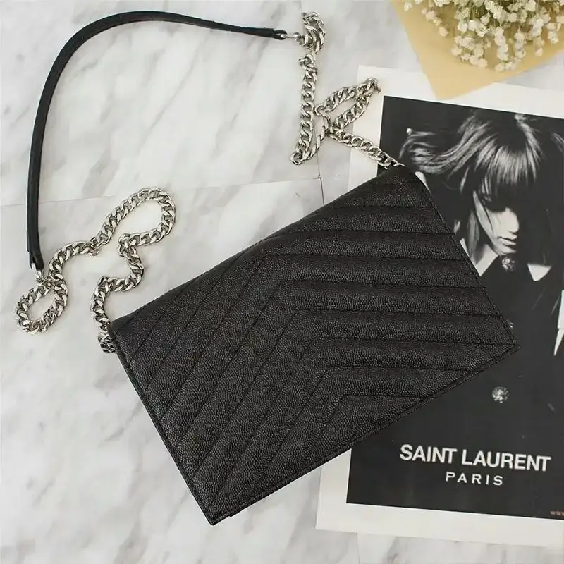 Saint Laurent Large Envelope Chain Wallet In Textured Matelasse Leather Black/Silver