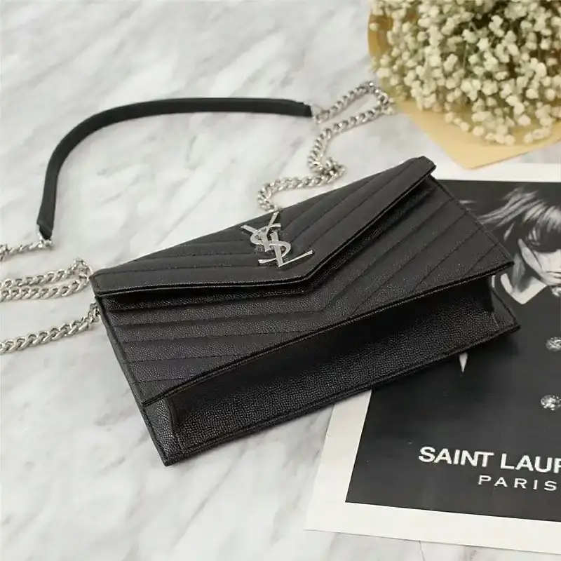 Saint Laurent Large Envelope Chain Wallet In Textured Matelasse Leather Black/Silver