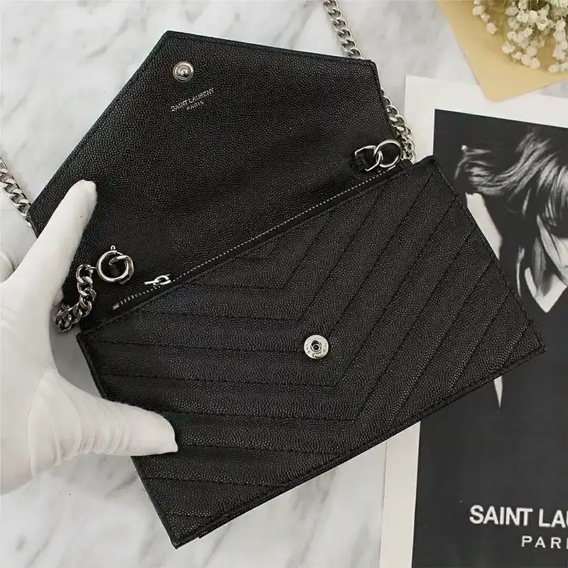 Saint Laurent Large Envelope Chain Wallet In Textured Matelasse Leather Black/Silver