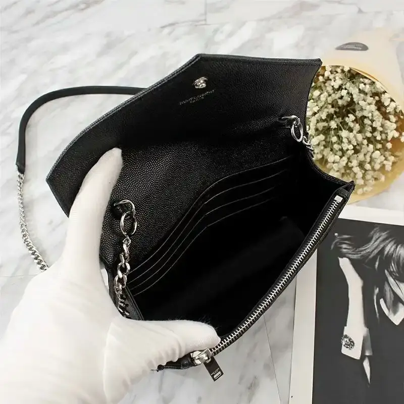 Saint Laurent Large Envelope Chain Wallet In Textured Matelasse Leather Black/Silver