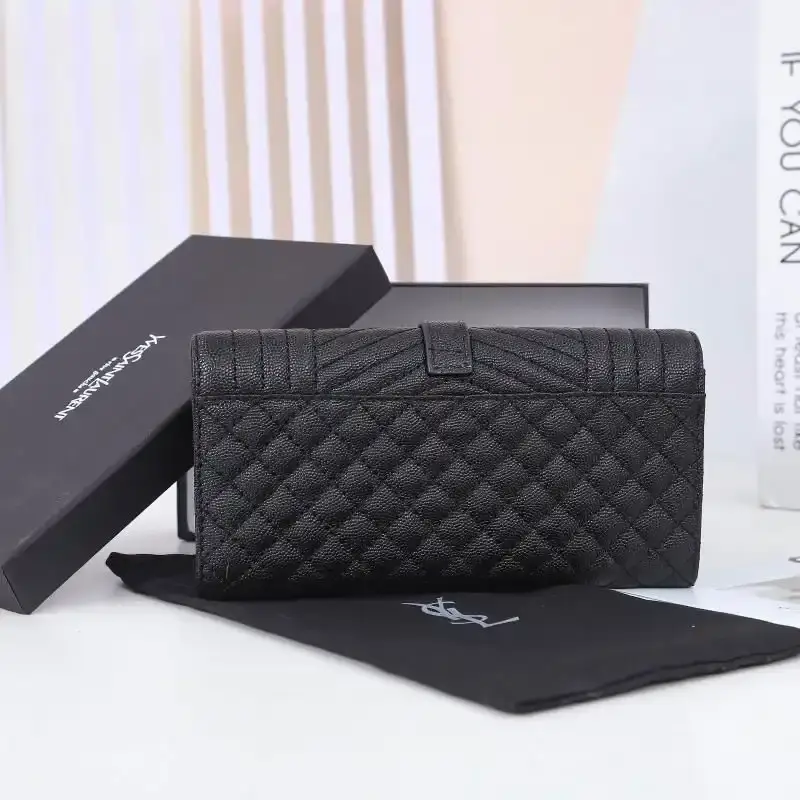 Saint Laurent Large Envelope Flap Wallet In Mixed Grained Matelasse Leather Black/Gold