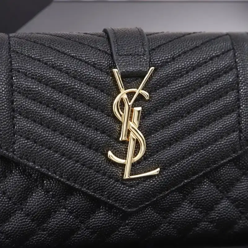 Saint Laurent Large Envelope Flap Wallet In Mixed Grained Matelasse Leather Black/Gold