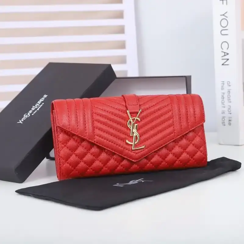 Saint Laurent Large Envelope Flap Wallet In Mixed Grained Matelasse Leather Red/Gold