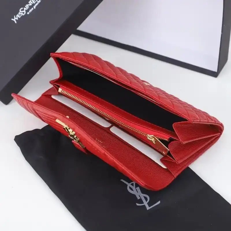 Saint Laurent Large Envelope Flap Wallet In Mixed Grained Matelasse Leather Red/Gold