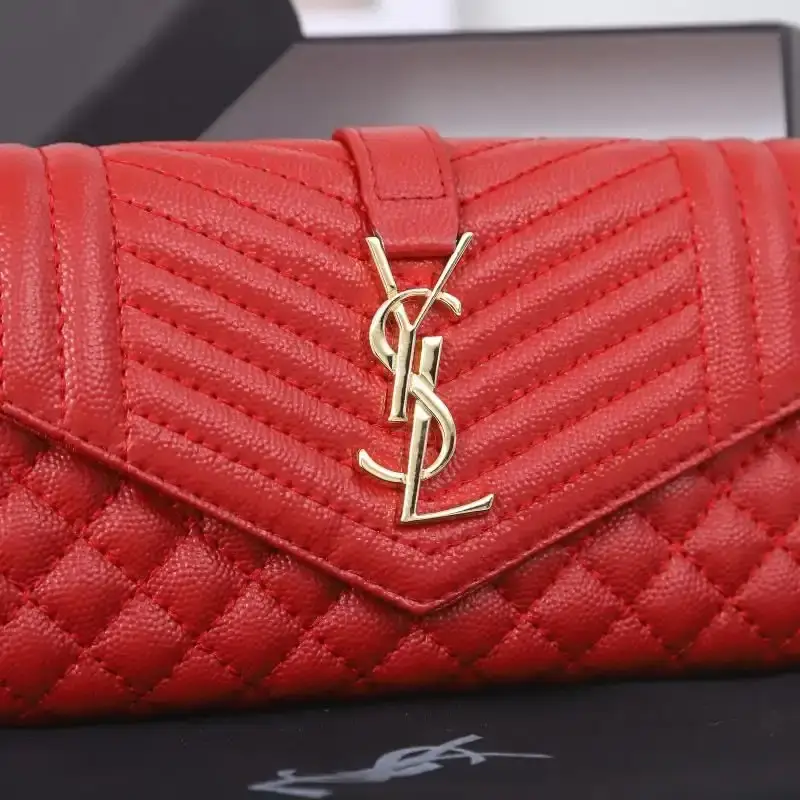 Saint Laurent Large Envelope Flap Wallet In Mixed Grained Matelasse Leather Red/Gold