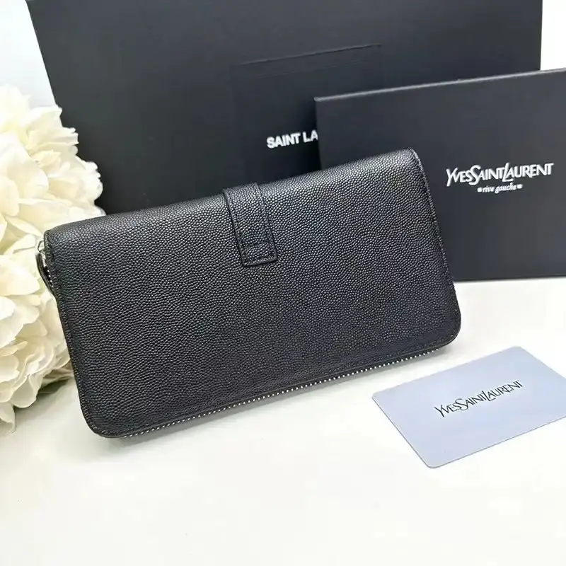 Saint Laurent Large Line Zip Around Wallet In Grained Leather Black/Silver