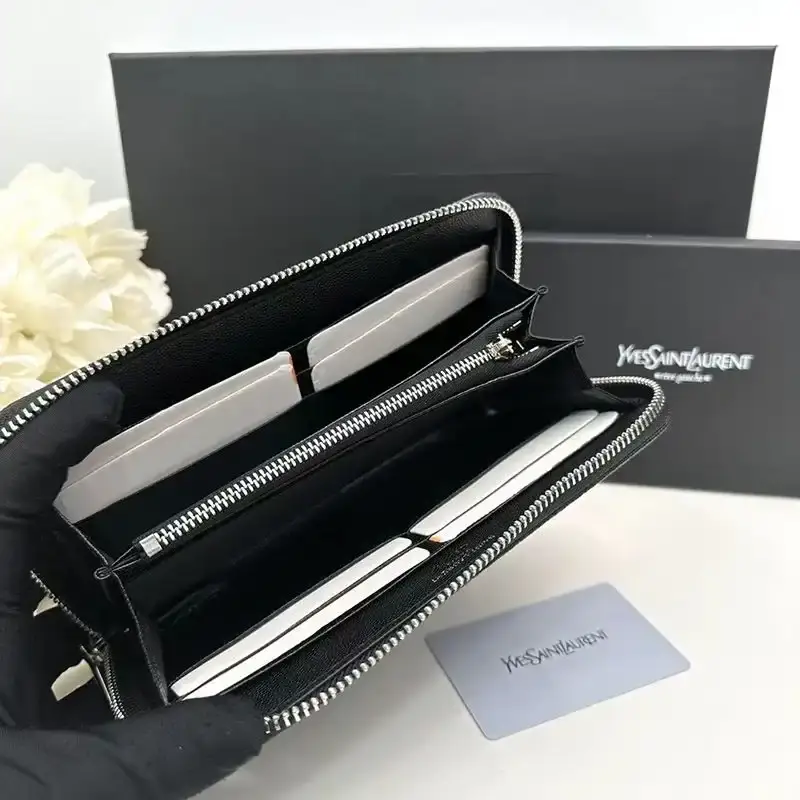 Saint Laurent Large Line Zip Around Wallet In Grained Leather Black/Silver