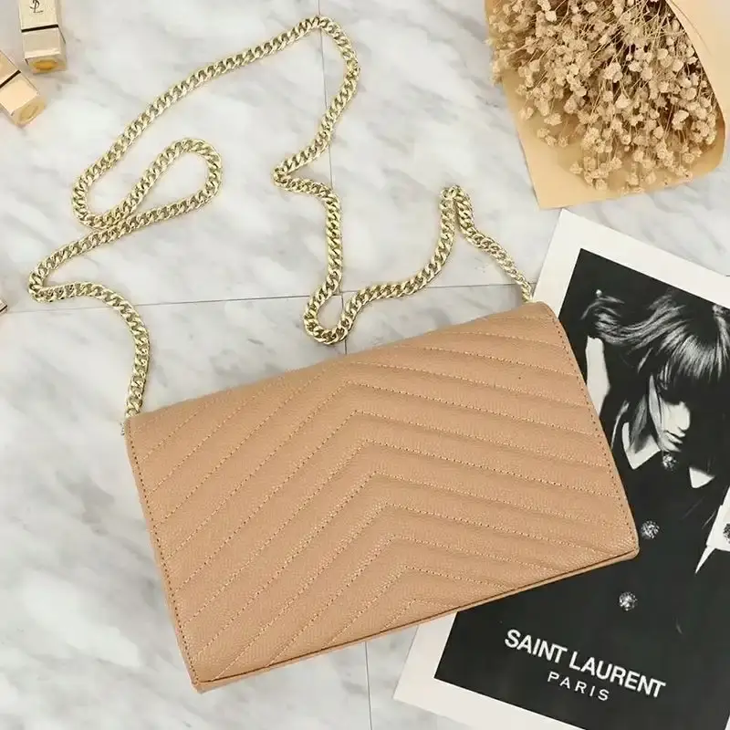 Saint Laurent Large Monogram Chain Wallet In Grained Matelasse Leather Apricot/Gold
