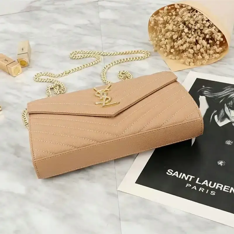 Saint Laurent Large Monogram Chain Wallet In Grained Matelasse Leather Apricot/Gold
