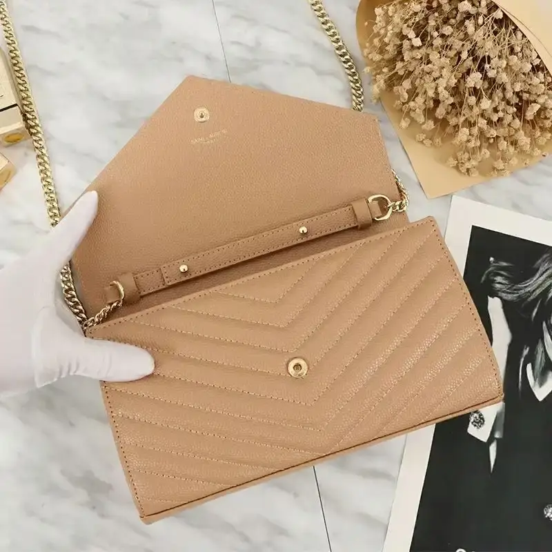 Saint Laurent Large Monogram Chain Wallet In Grained Matelasse Leather Apricot/Gold