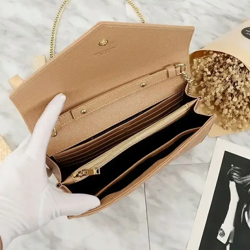 Saint Laurent Large Monogram Chain Wallet In Grained Matelasse Leather Apricot/Gold