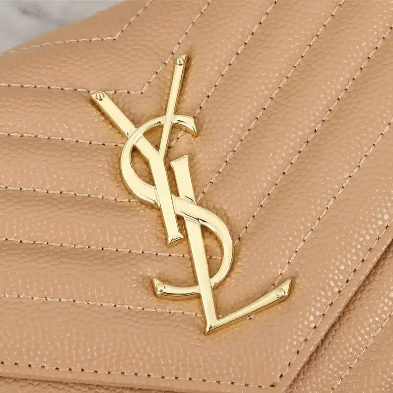 Saint Laurent Large Monogram Chain Wallet In Grained Matelasse Leather Apricot/Gold