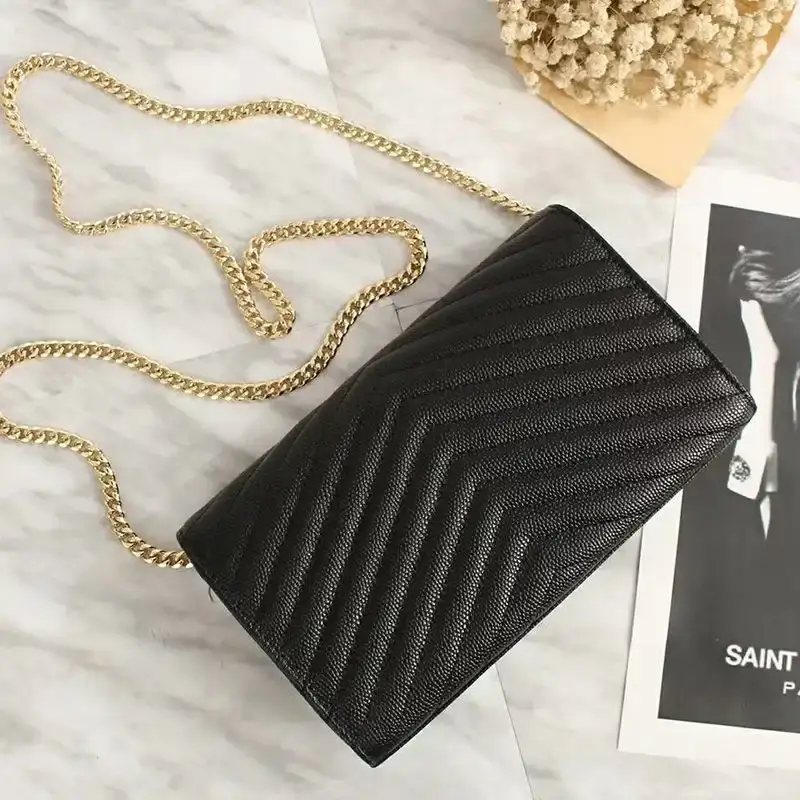 Saint Laurent Large Monogram Chain Wallet In Grained Matelasse Leather Black/Gold