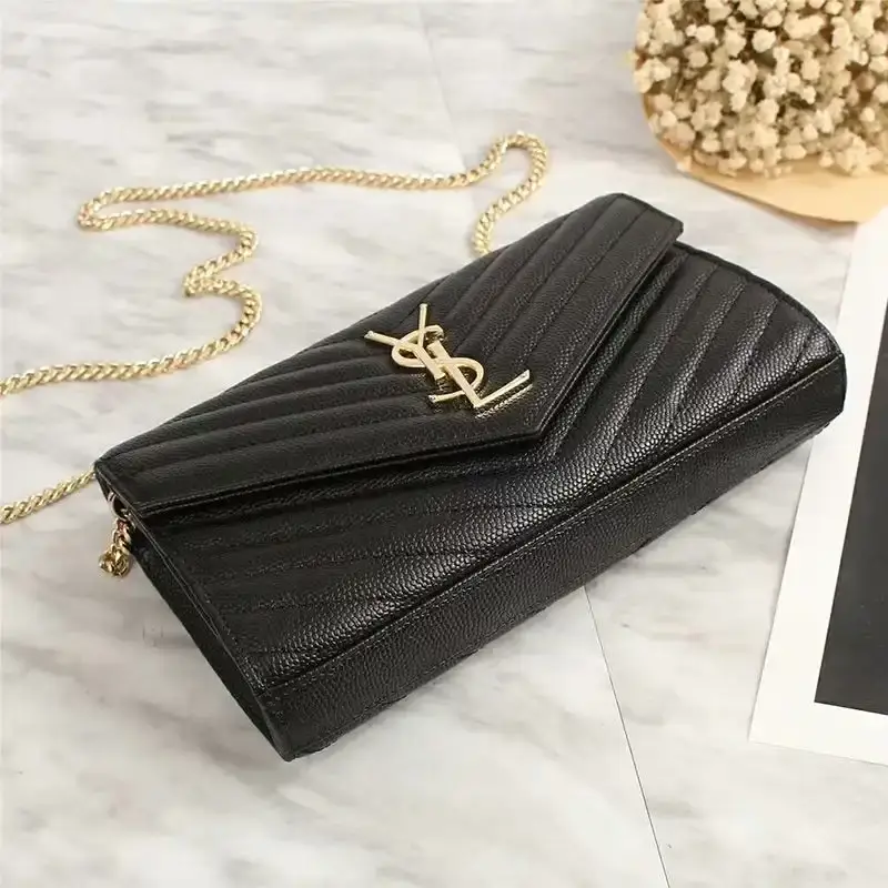 Saint Laurent Large Monogram Chain Wallet In Grained Matelasse Leather Black/Gold