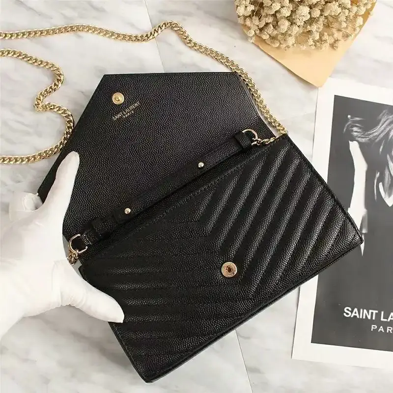 Saint Laurent Large Monogram Chain Wallet In Grained Matelasse Leather Black/Gold