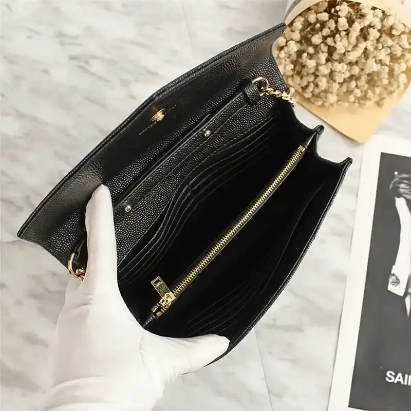 Saint Laurent Large Monogram Chain Wallet In Grained Matelasse Leather Black/Gold