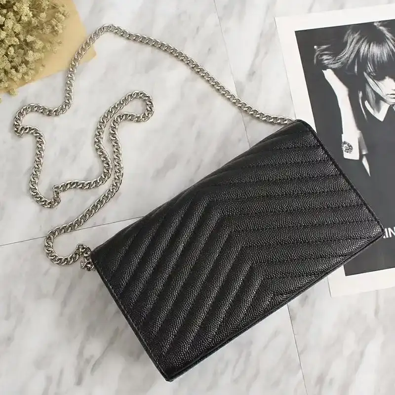 Saint Laurent Large Monogram Chain Wallet In Grained Matelasse Leather Black/Silver