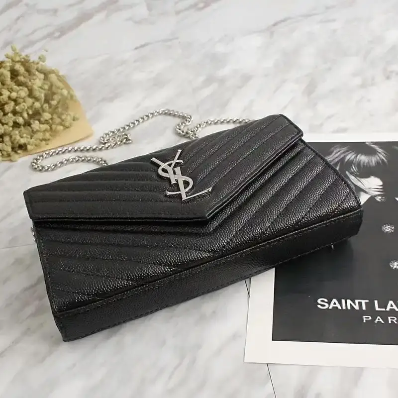 Saint Laurent Large Monogram Chain Wallet In Grained Matelasse Leather Black/Silver