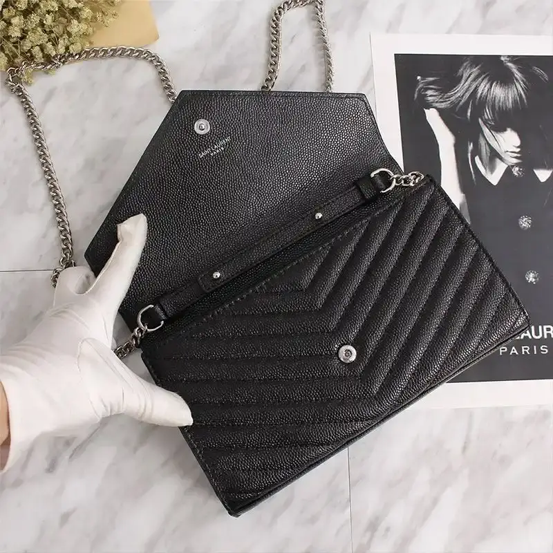Saint Laurent Large Monogram Chain Wallet In Grained Matelasse Leather Black/Silver