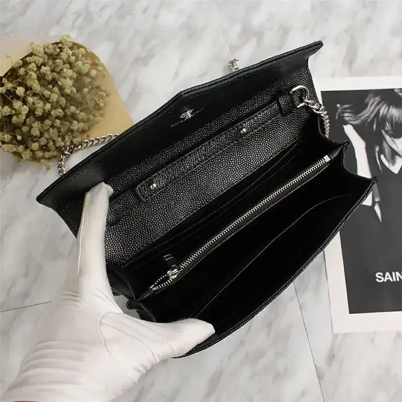 Saint Laurent Large Monogram Chain Wallet In Grained Matelasse Leather Black/Silver