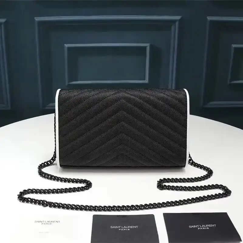 Saint Laurent Large Monogram Chain Wallet In Grained Matelasse Leather Black/White
