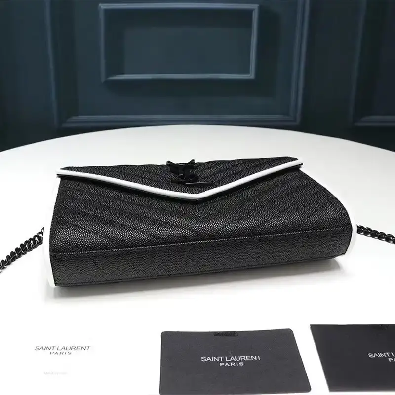 Saint Laurent Large Monogram Chain Wallet In Grained Matelasse Leather Black/White