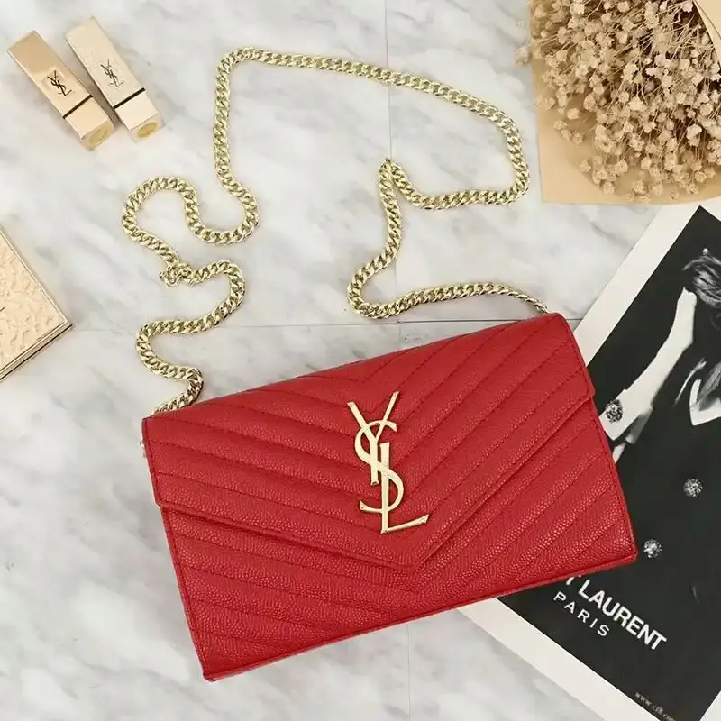 Saint Laurent Large Monogram Chain Wallet In Grained Matelasse Leather Red/Gold