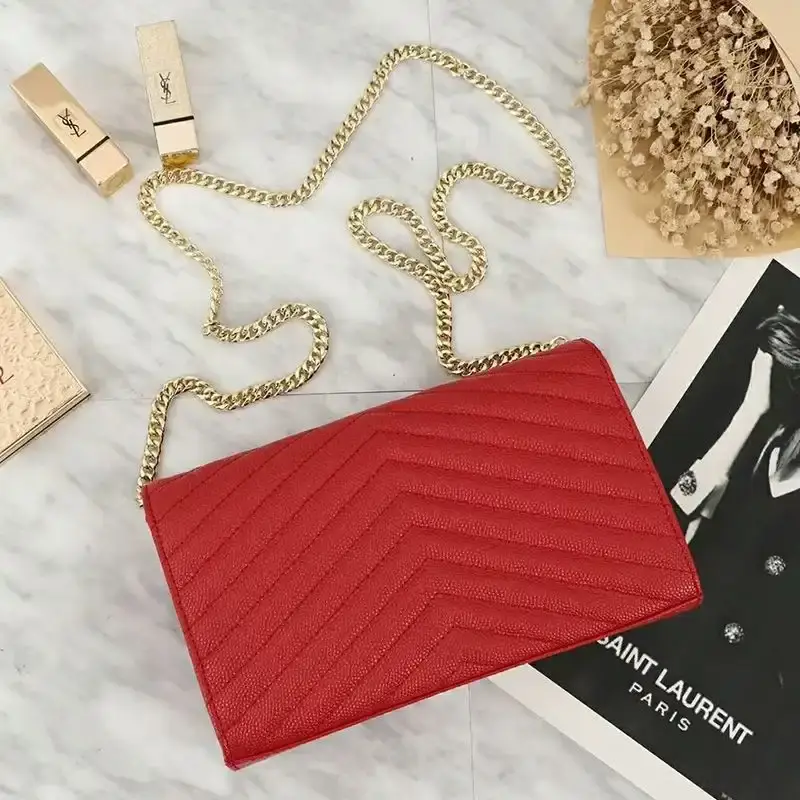 Saint Laurent Large Monogram Chain Wallet In Grained Matelasse Leather Red/Gold