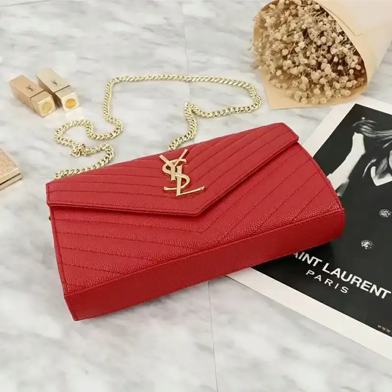 Saint Laurent Large Monogram Chain Wallet In Grained Matelasse Leather Red/Gold