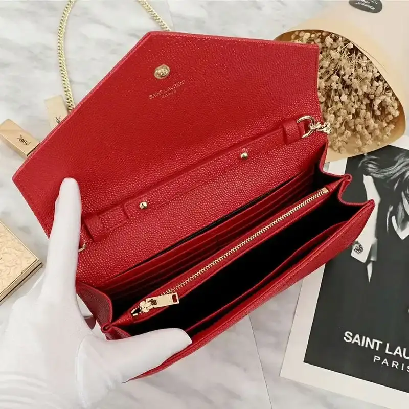 Saint Laurent Large Monogram Chain Wallet In Grained Matelasse Leather Red/Gold