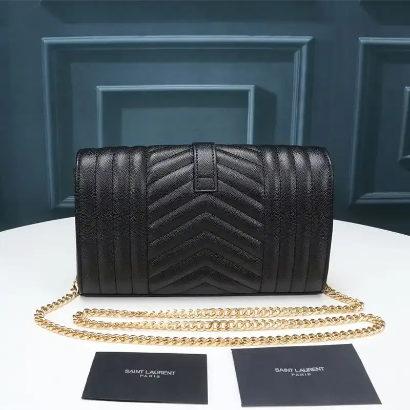Saint Laurent Large Monogram Chain Wallet In Mixed Grained Matelasse Leather Black/Gold