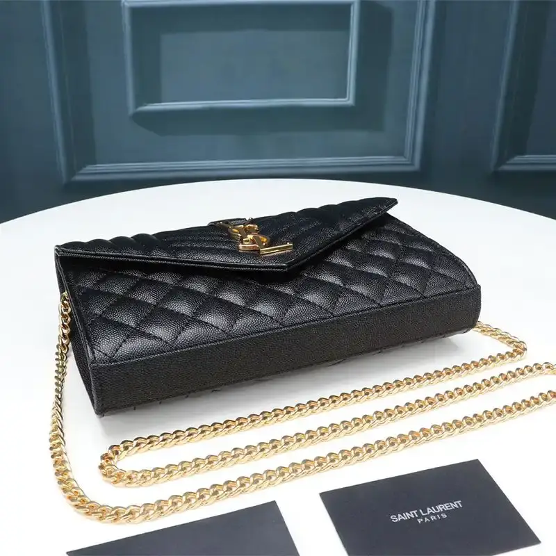 Saint Laurent Large Monogram Chain Wallet In Mixed Grained Matelasse Leather Black/Gold