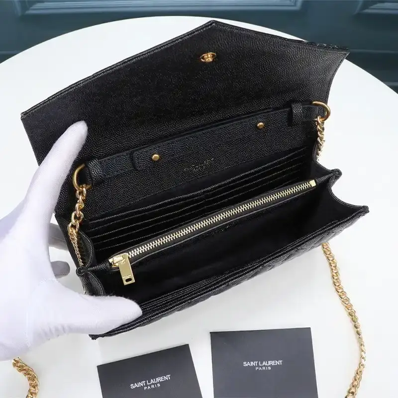 Saint Laurent Large Monogram Chain Wallet In Mixed Grained Matelasse Leather Black/Gold