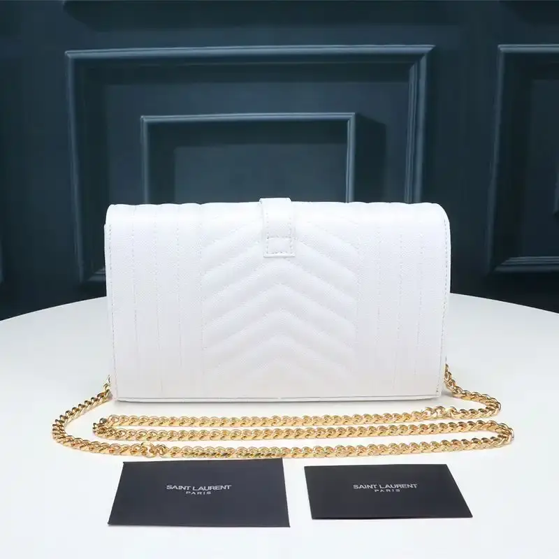 Saint Laurent Large Monogram Chain Wallet In Mixed Grained Matelasse Leather White/Gold
