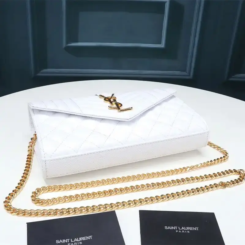 Saint Laurent Large Monogram Chain Wallet In Mixed Grained Matelasse Leather White/Gold