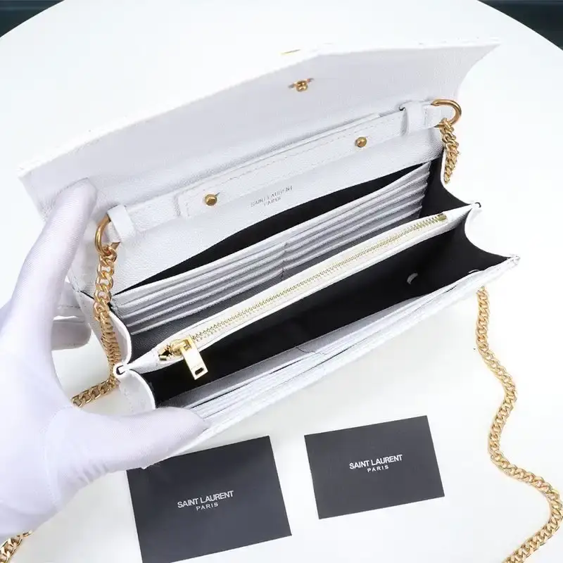 Saint Laurent Large Monogram Chain Wallet In Mixed Grained Matelasse Leather White/Gold