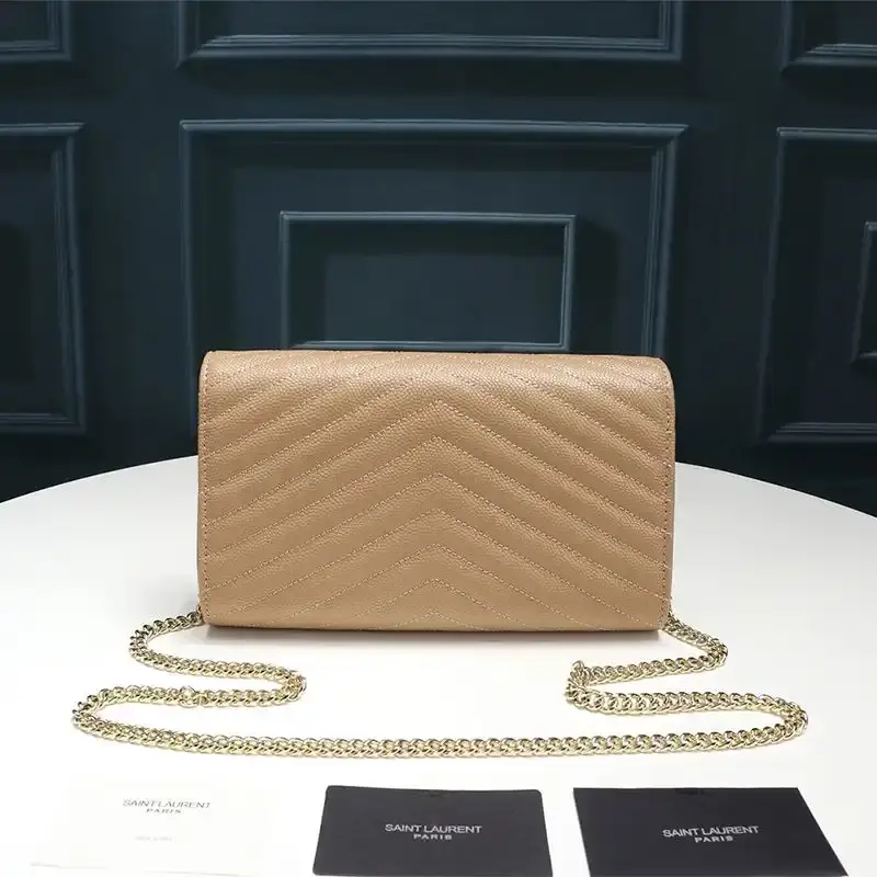 Saint Laurent Large Monogram Chain Wallet In Textured Matelasse Leather Apricot/Gold
