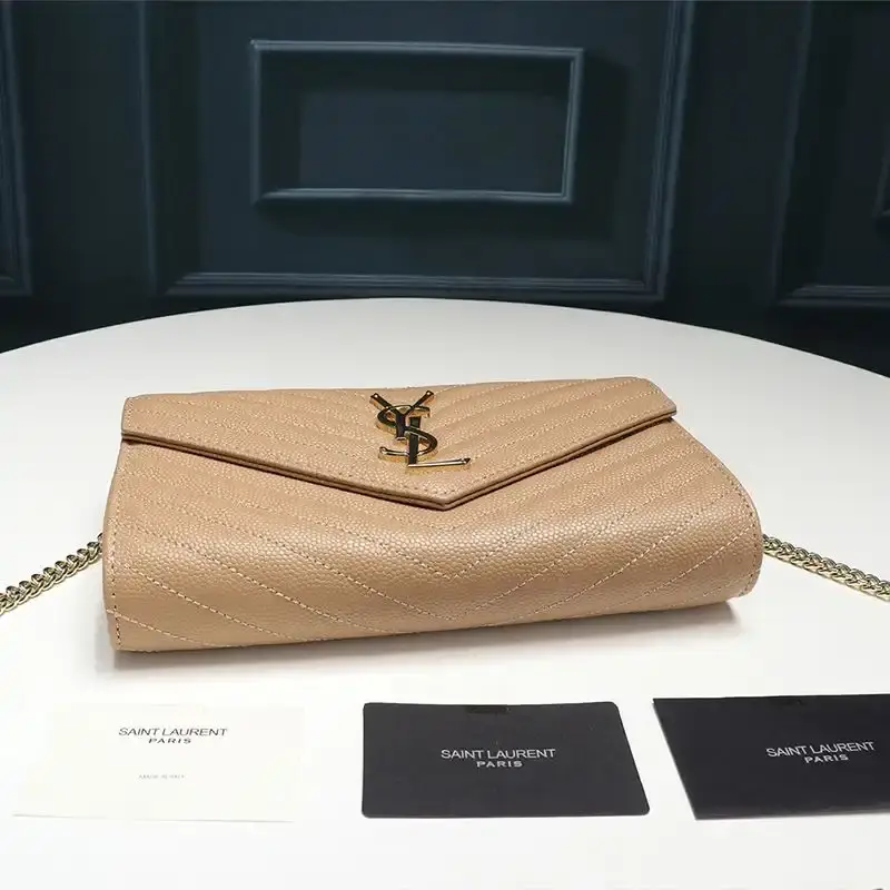 Saint Laurent Large Monogram Chain Wallet In Textured Matelasse Leather Apricot/Gold