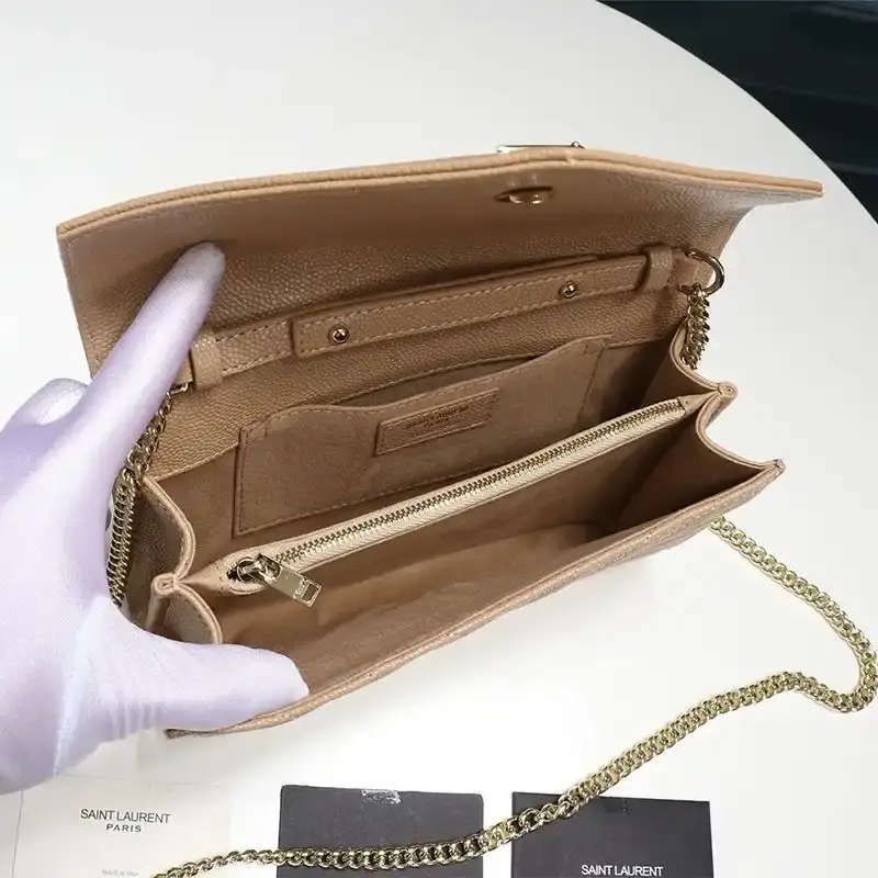 Saint Laurent Large Monogram Chain Wallet In Textured Matelasse Leather Apricot/Gold
