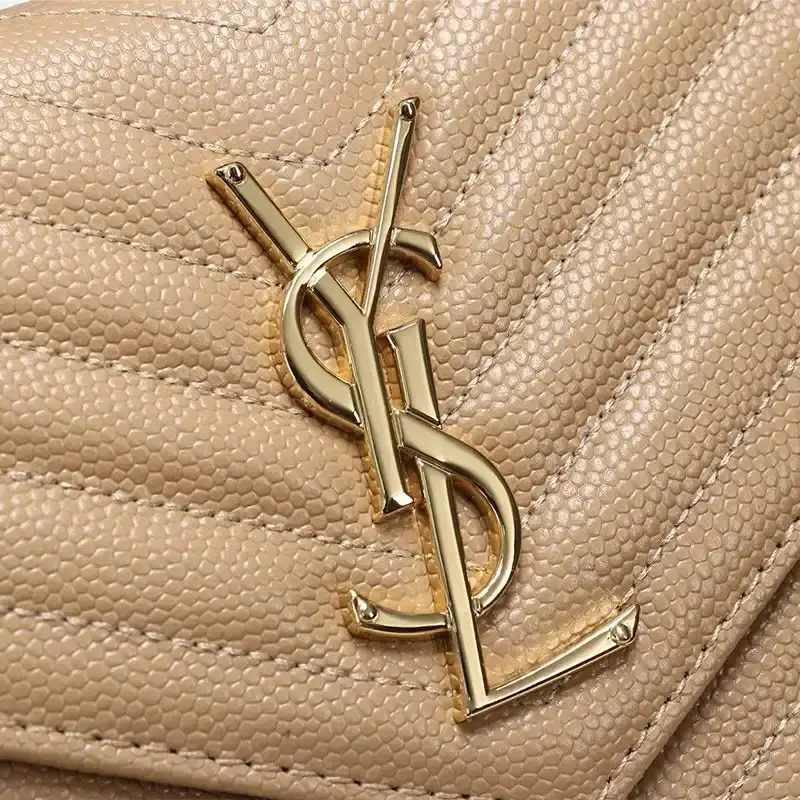 Saint Laurent Large Monogram Chain Wallet In Textured Matelasse Leather Apricot/Gold